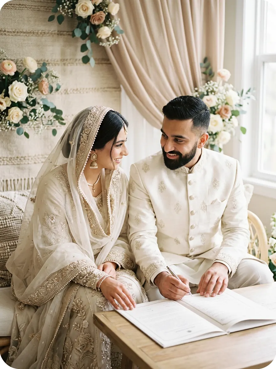 Muslim couple signing their Nikah Nama at a court marriage in Pakistan