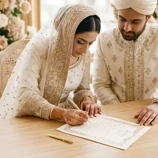 Nikah Nama being signed with ivory wedding details